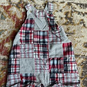 Janie and Jack Red white blue madras seersucker Plaid Patchwork Overalls